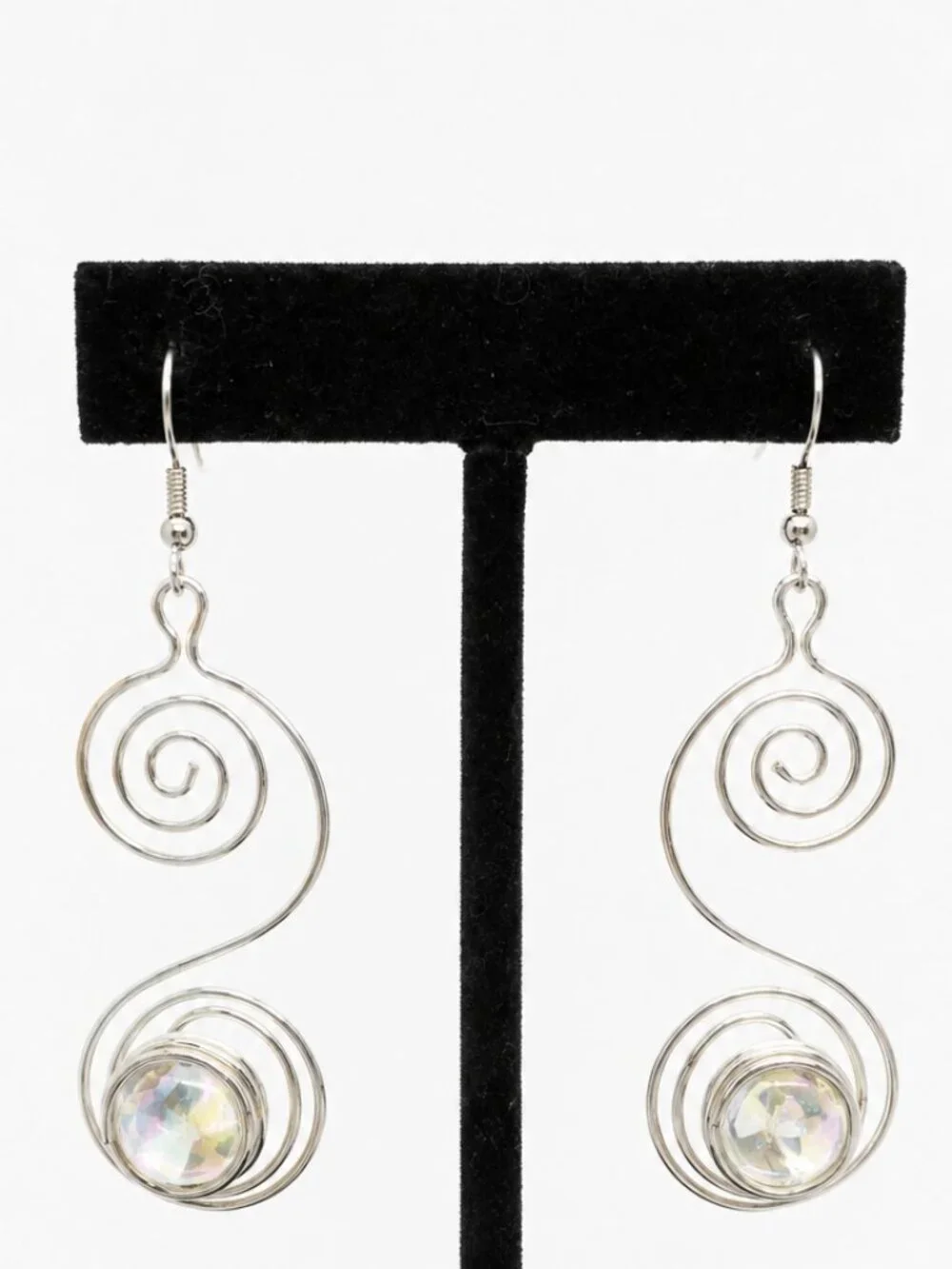 SILVER TONE EARRINGS Spiral Wire Iridescent Cabochon Modernist Dangle Pierced